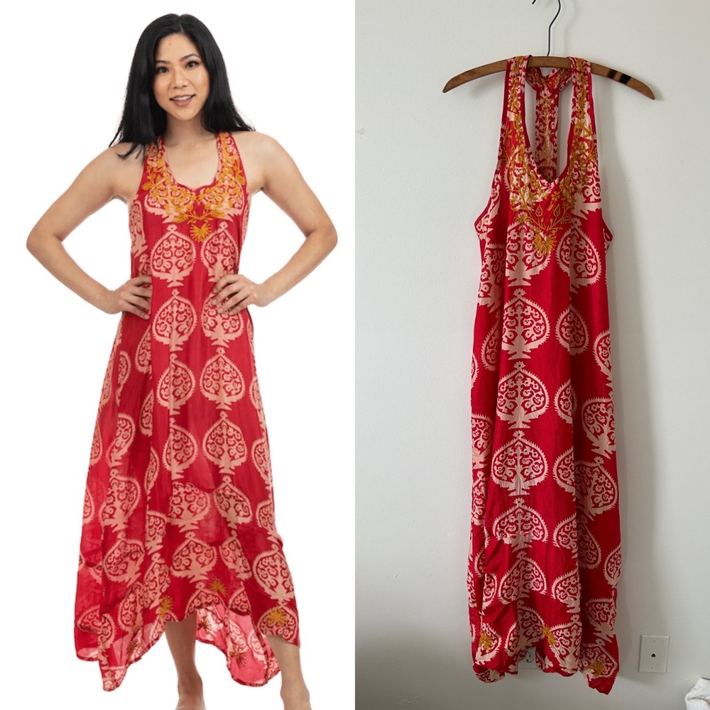 Alamwar Cinnabar Yamini Bukhara Dress 100% Silk Red Embroidered Sz S